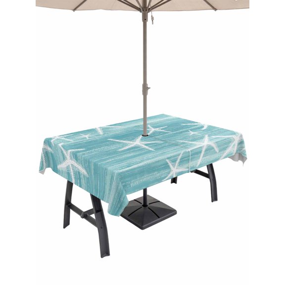 Outdoor Tablecloth with Umbrella Hole for Patio/Picnic/Party/Camping, Teal Coastal Waterproof Table Cloth Rectangle Table Cover Washable, Summer Ocean Waves Ombre Sea Starfish (60"x 84")