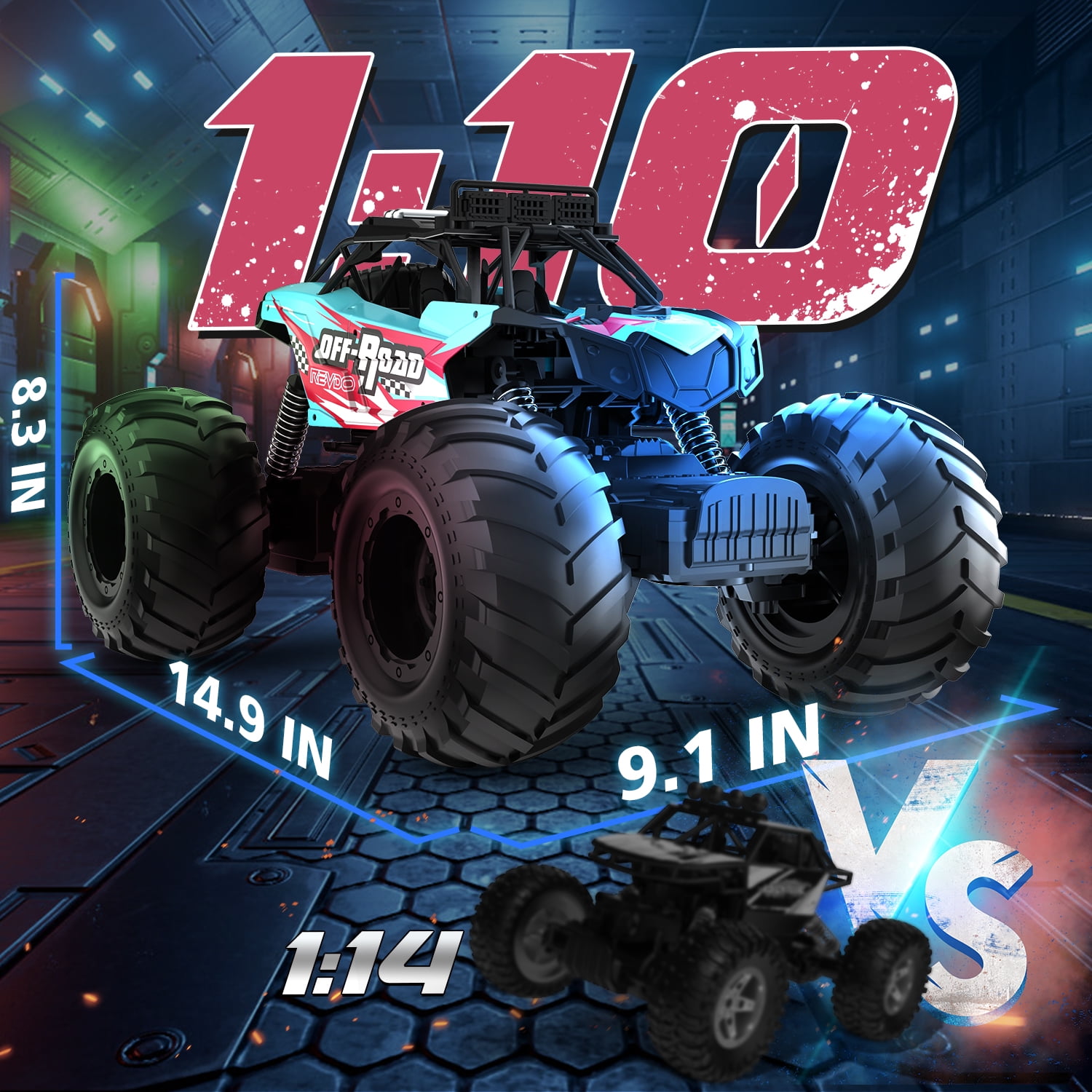 JoyStone 1:10 RC Cars for Kids , 2.4Ghz RC Monster Truck with Light, 2 Batteries, 60+ Mins, Off Road Vehicle for Adults, Blue