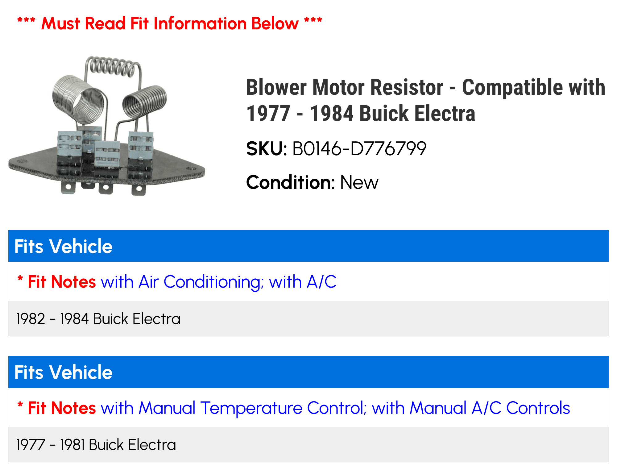 Blower Motor Resistor - Compatible with 1977 - 1984 Buick Electra 1978 1979 1980 1981 1982 1983