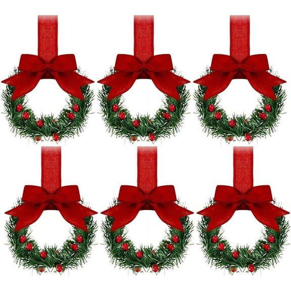 JEWLALO 6-Pack Christmas Kitchen Cabinet Wreaths with Ribbon Bows & Red Berries, Mini Christmas Wreaths for Cabinets, Small Window, Door, Farmhouse Xmas Party Decorations (Red)