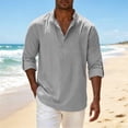thumbnail image 6 of IROINNID Men Solid Slub Linen Blend Mandarin Collar Half Button Henley Shirt Roll Tab Adjustable Long Sleeve Loose Breathable Casual Vacation Pullover Top(Gray,4XL) Blouses & Tops, 6 of 9