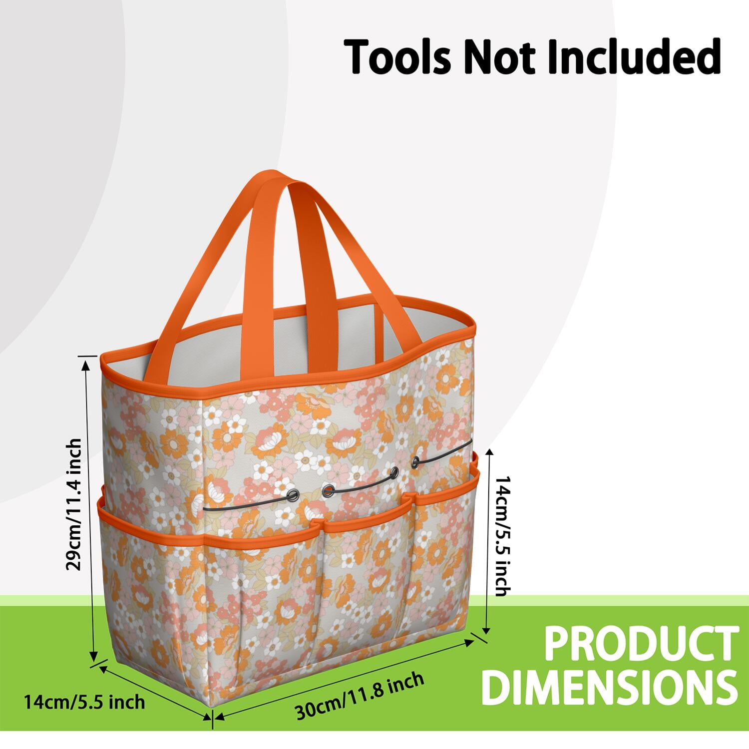 Bright Flowers Garden Tools Bag, Water-proof Oxford Garden Tote Home Organizer Gardening Tool Bag Kit Holder with 8 Pockets for Indoor and Outdoor Gardening(Tools Not Included)