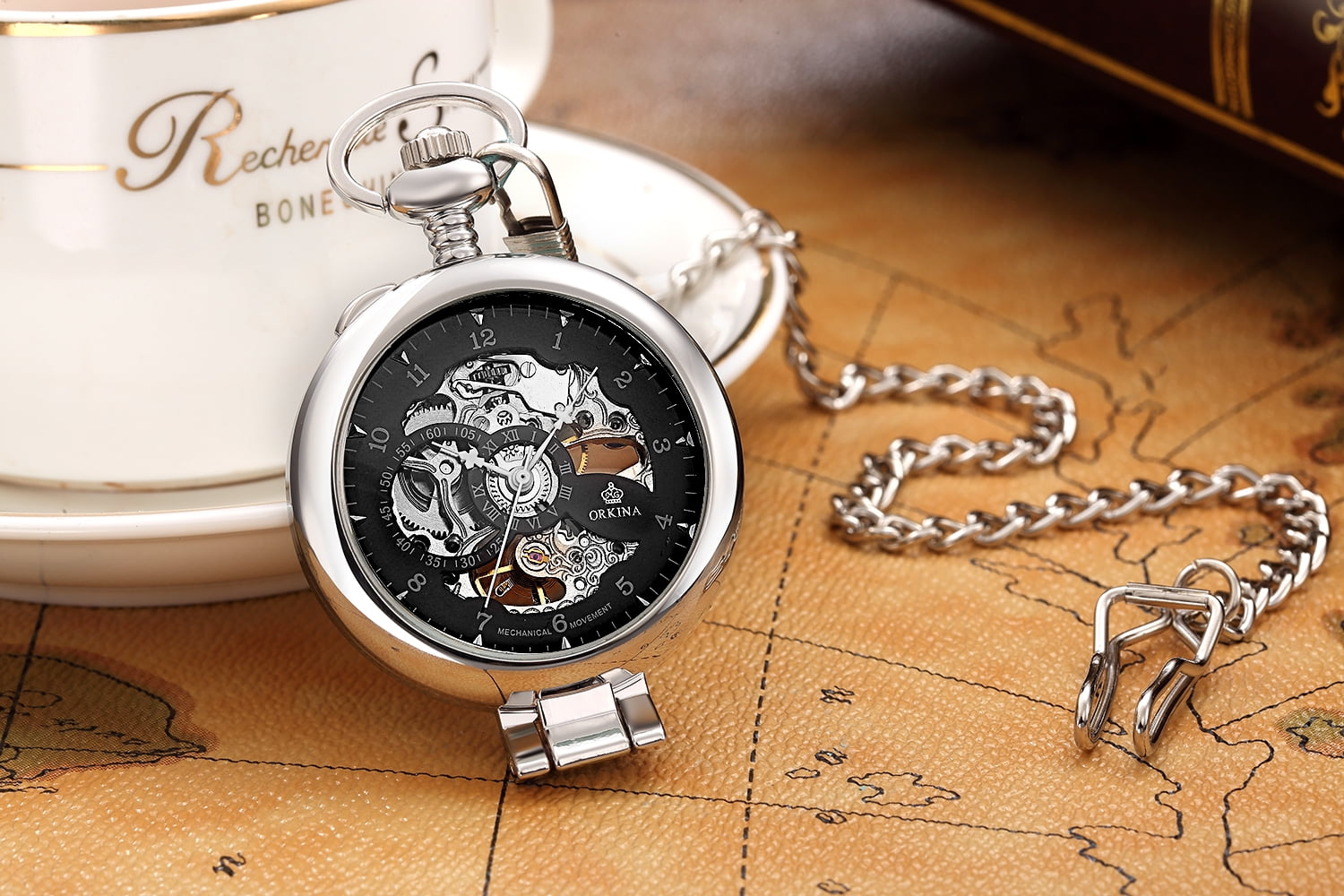 Luxury Pocket Watch Skeleton Sub Dial Transparent Mechanical Silver Plated Case