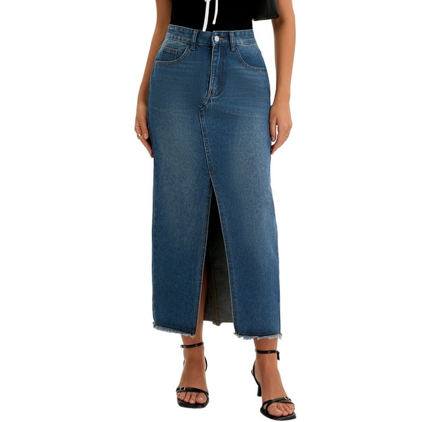 Falda de mezclilla de mujer Inspire Chic, de cintura alta, con abertura frontal, dobladillo sin terminar, falda maxi lavada con bolsillos, faldas de mezclilla 2XL, azul retro