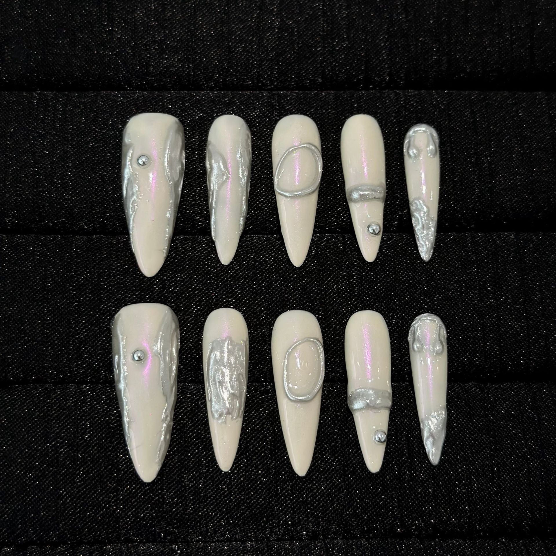 Purely hand-worn nail pads, high-end summer milky white hand-painted nail patches, removable silver light luxury temperament