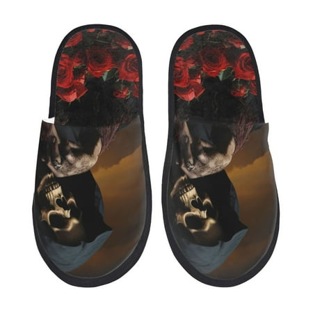 Balery Elegant Rose Skull Slient Indoor Furry Fleece Comfort House Shoes Soft Non-Slip Home Shoes Cotton slippers House Slippers-- Large