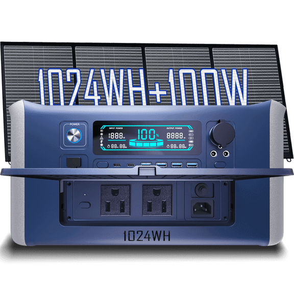 Hurricane Preparedness Kit: 1000W/1500W/2000W Emergency Backup Power Supply 100W Solar Panel for Off-Grid Charging
