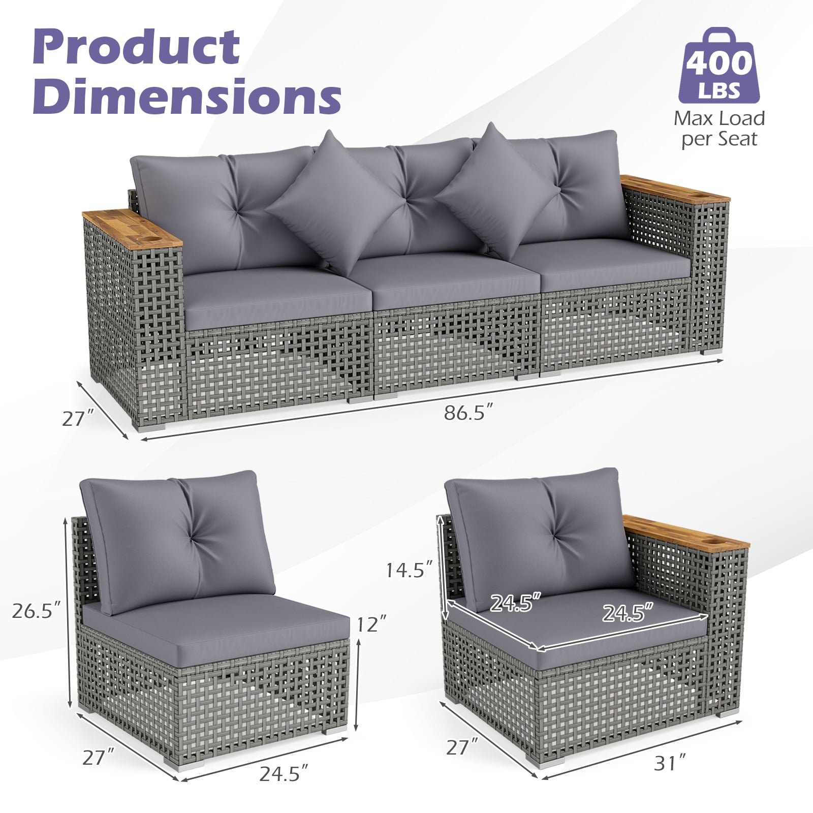 Costway Patio Wicker Sectional Furniture Set, 3 Piece Outdoor Couch Set for Garden Gray