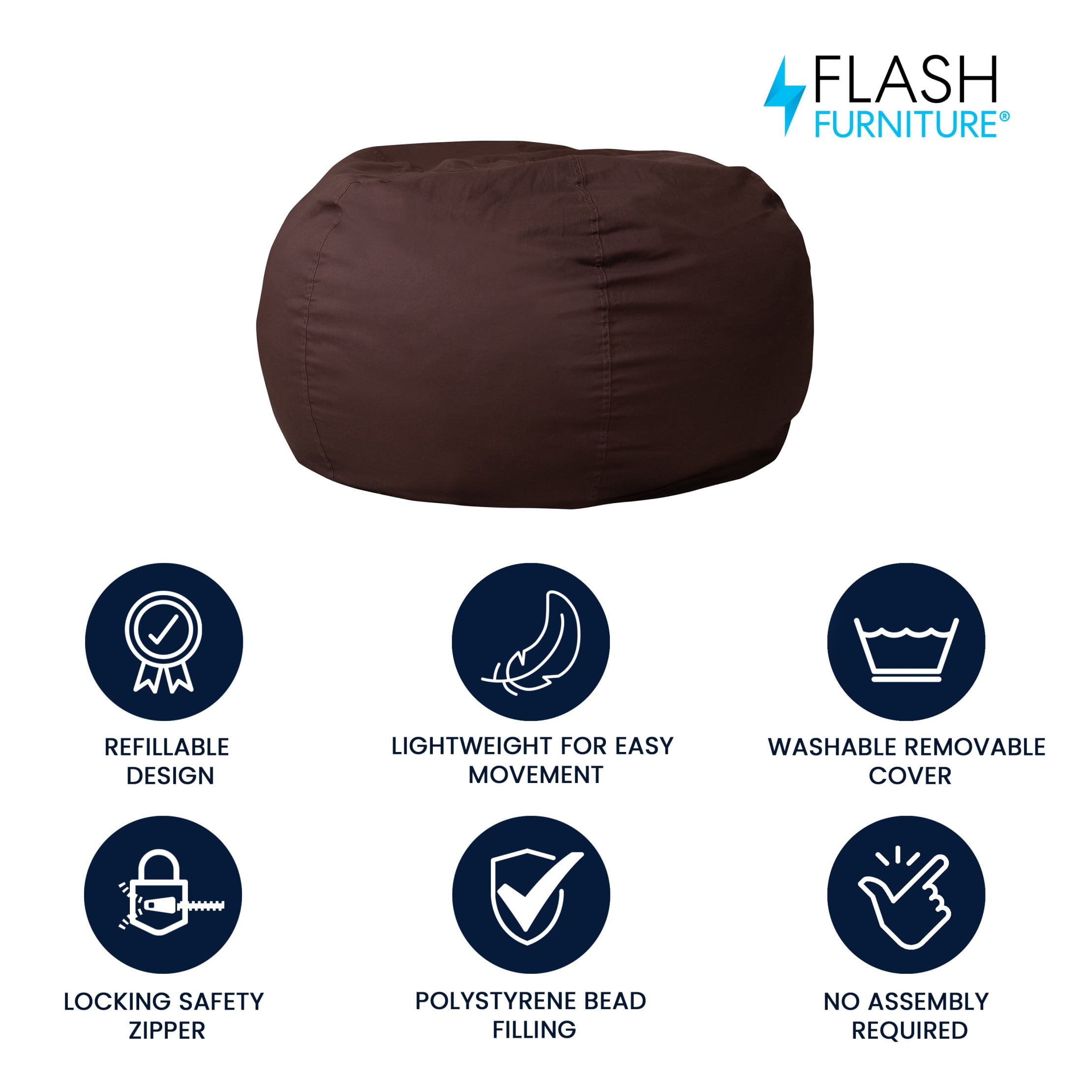 Flash Furniture Duncan Oversized Solid Brown Refillable Bean Bag Chair for All Ages