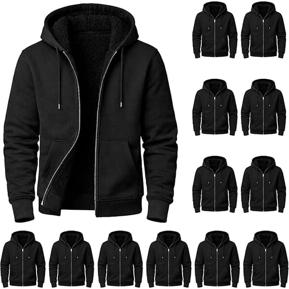 BILLIONHATS 12 Pack Men's Cotton Fleece Sherpa Lined Zipper Hoodie, Wholesale Bulk Donations, Assorted Sizes S-XL Color Black