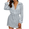 thumbnail image 3 of QATAINLAV Gray Women's Long Sleeve T-Shirts Dress Quarter Button Collar Drawstring Cinched Waist Mini Dresses L, 3 of 7