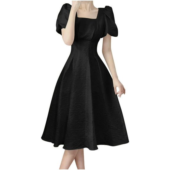 Sexlip Womens Dress Puff Sleeve Square Neck A Line Design Soft Fabric Flared Silhouette for Formal Occasions Black XXXL