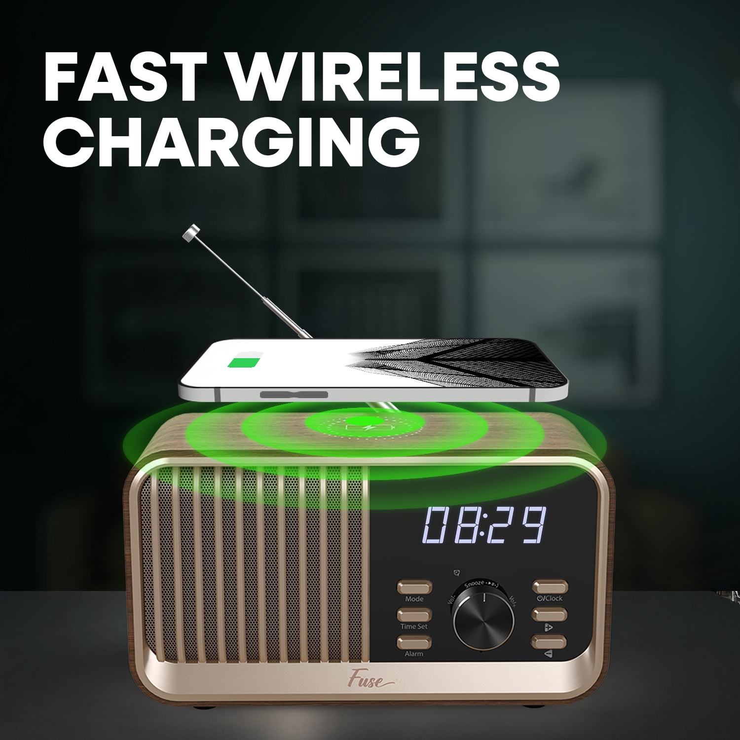 Fuse Hark Bluetooth Radio Speaker | Wireless 10W Charger | FM Radio Speaker with Bluetooth & AUX Input | Alarm Clock | 3 Level Dimmer | Charging Block Included
