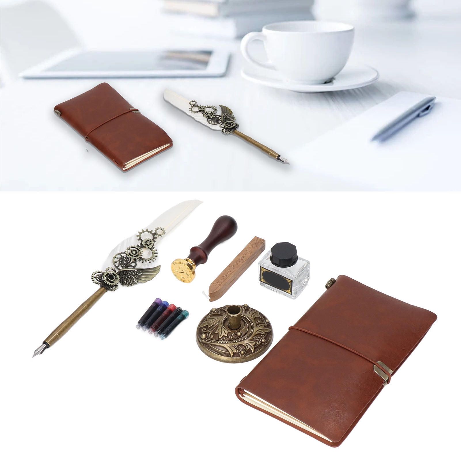 Nieyigj White Feather Pen Set Mechanical Texture Vintage Elegance Quill Ink Pen Calligraphy Art Kit with Metal Engraved Nib Notebook Stamp Perfect Corporate Gift for Desk Decor (11.4 inches / 29 cm)