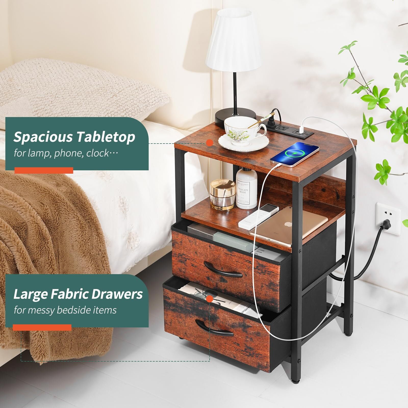 Nightstand with Charging Station, Small Night Stand Fabric Drawers and Storage Shelf for Bedrooms, Nightstands Spaces, Bedside Table USB Ports & Outlets, Brown