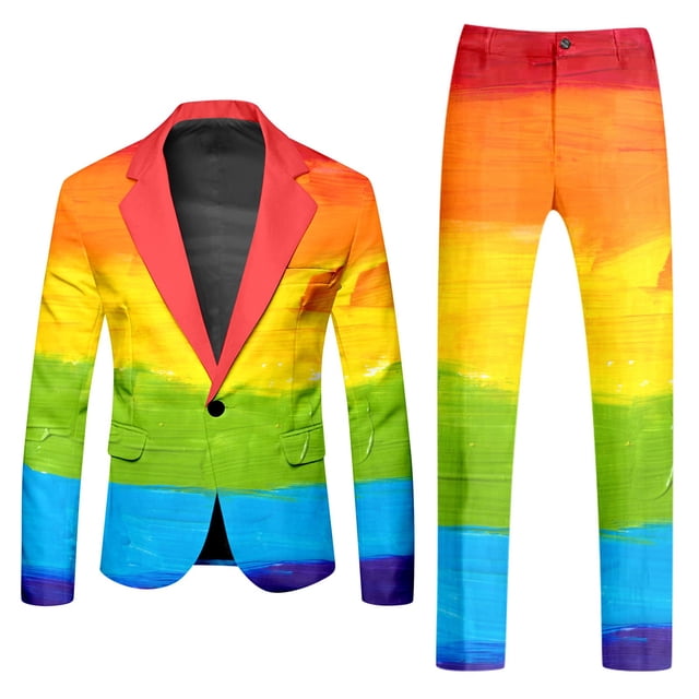 Male Rainbow Long Sleeve Coat And Pants Two Piece Suit Printed Button And Pockets Suit For Holiday Party Events Build to Suit Three Piece Tuxedo Boys Slim Suit Set Medium Suit Jacket Mens Dress