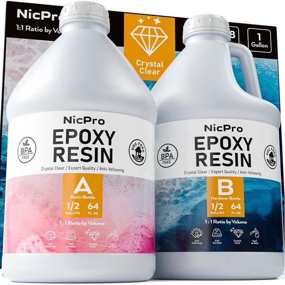Nicpro 1 Gallon Crystal Clear Epoxy Resin Kit, Not Yellowing & Bubbles Free Resin for Coating and Casting, Craft DIY, Molds, Tables Top, Wood