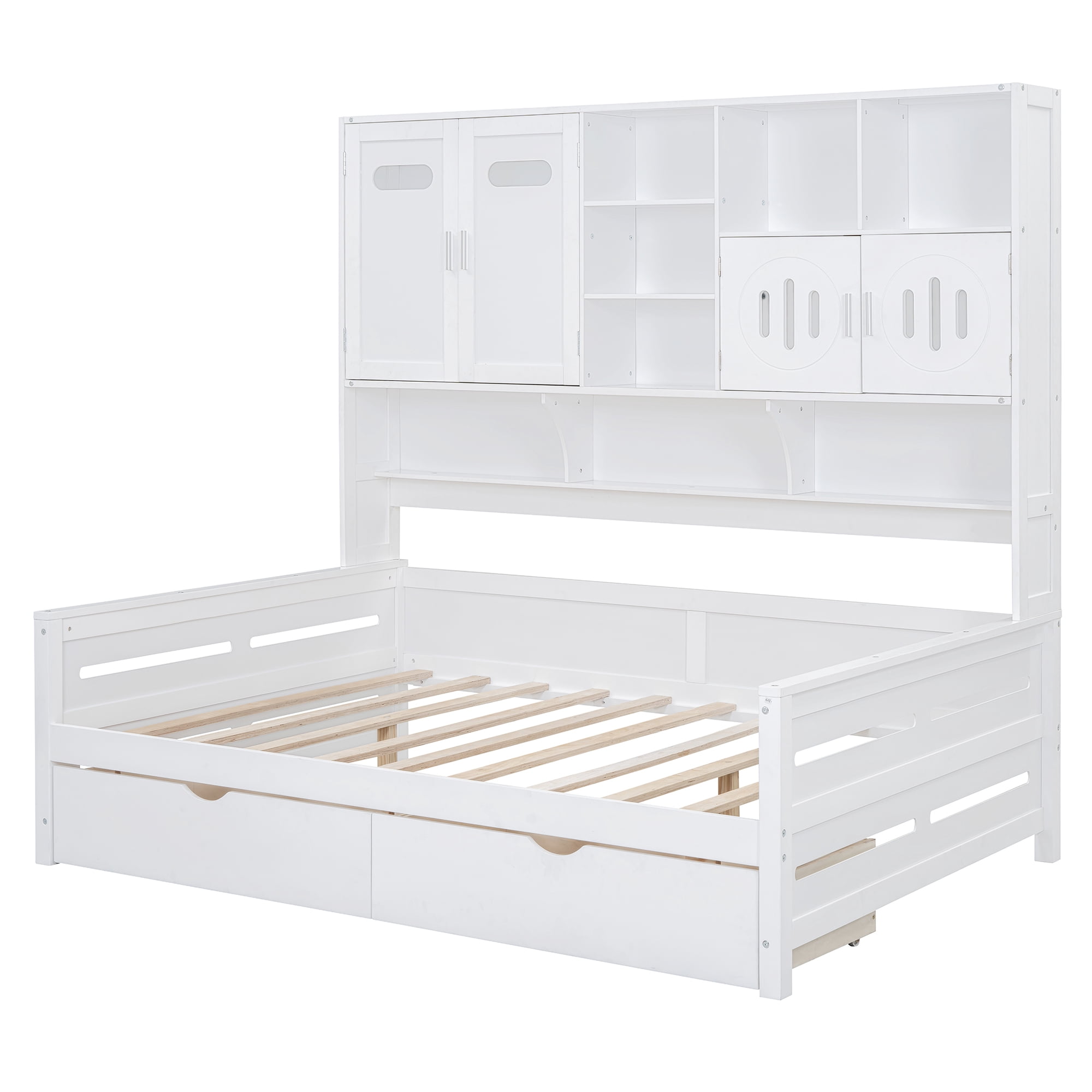 Mintazer Full Platform Bed with Side Bookcase & 2 Drawers and 2 Cabinets, All-in-one Wood Storage Daybed Frame for Kids Teens Bedroom Playroom Guest Room, White