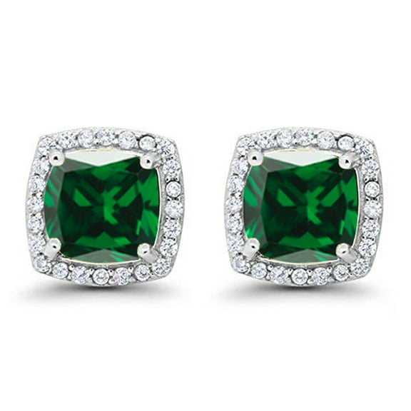 Paris Jewelry 14k White Gold Plated 1 Ct Created Halo Princess Cut Emerald Stud Earrings