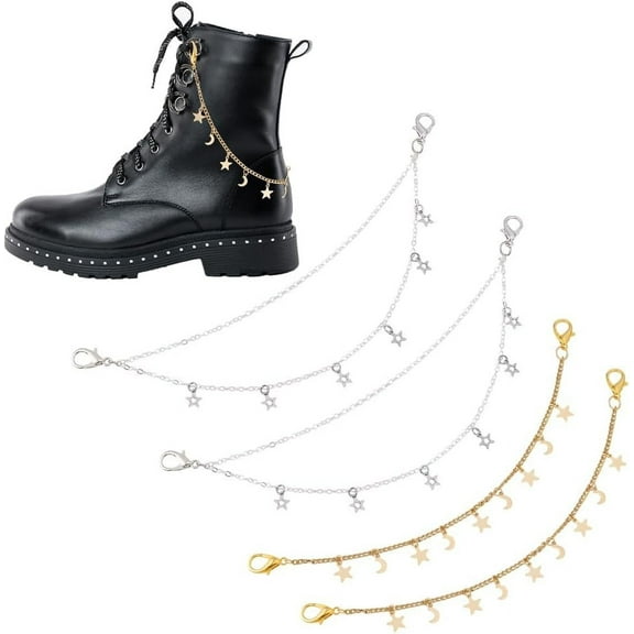 4Pcs 2 Colors 25cm Long Shoe Chains Moon Star Shoe Charms for Women Bling Boot Shoes Charms for Girls Shoes Chains Boot Strap Chain for DIY Womens Clog Sandals Shoeing Decoration