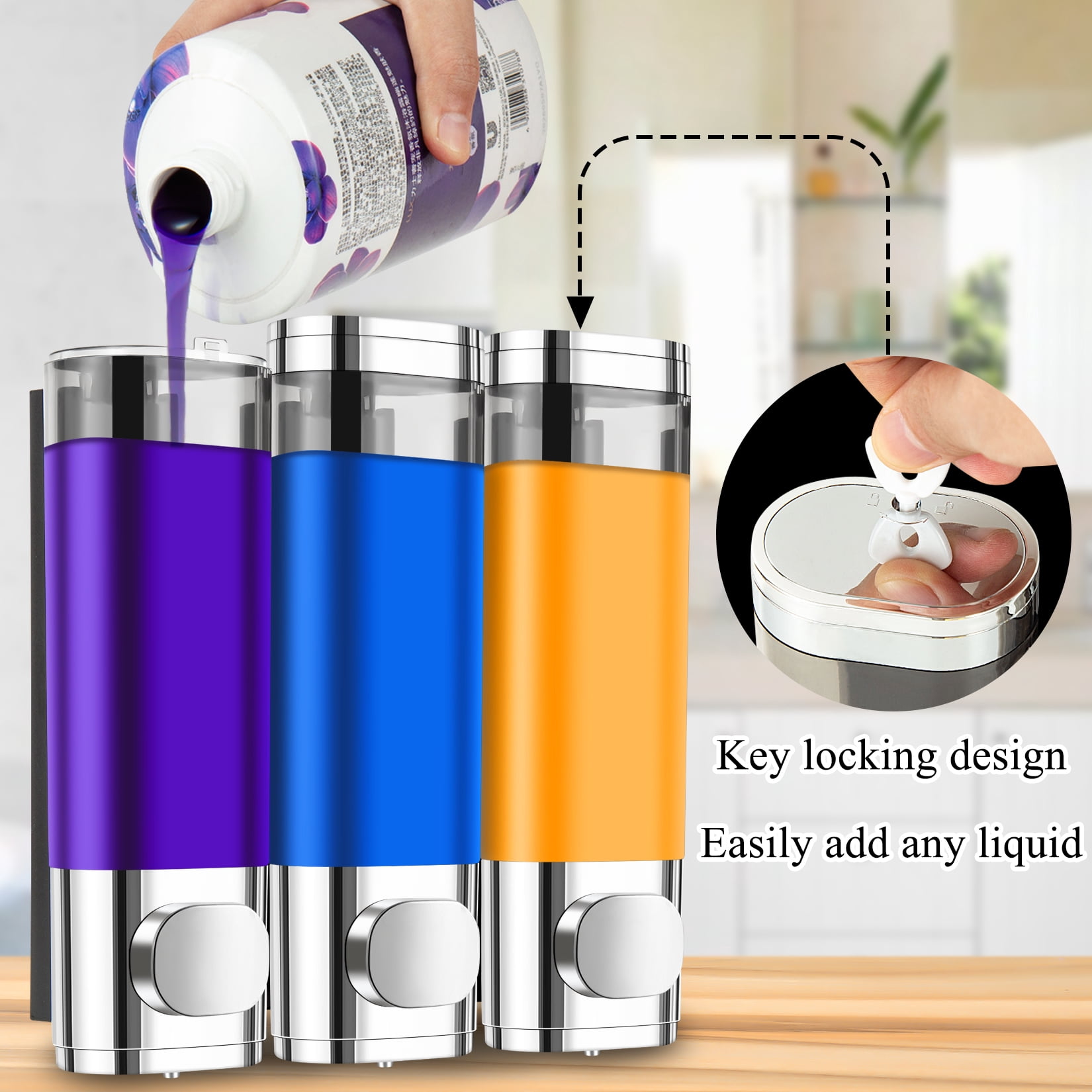 Shampoo Dispenser for Shower, Shower Shampoo Dispenser 3 Chamber, Shower Soap Dispenser Wall Mounted, Suitable for Bathroom, Kitchen, Hotel(Silver)