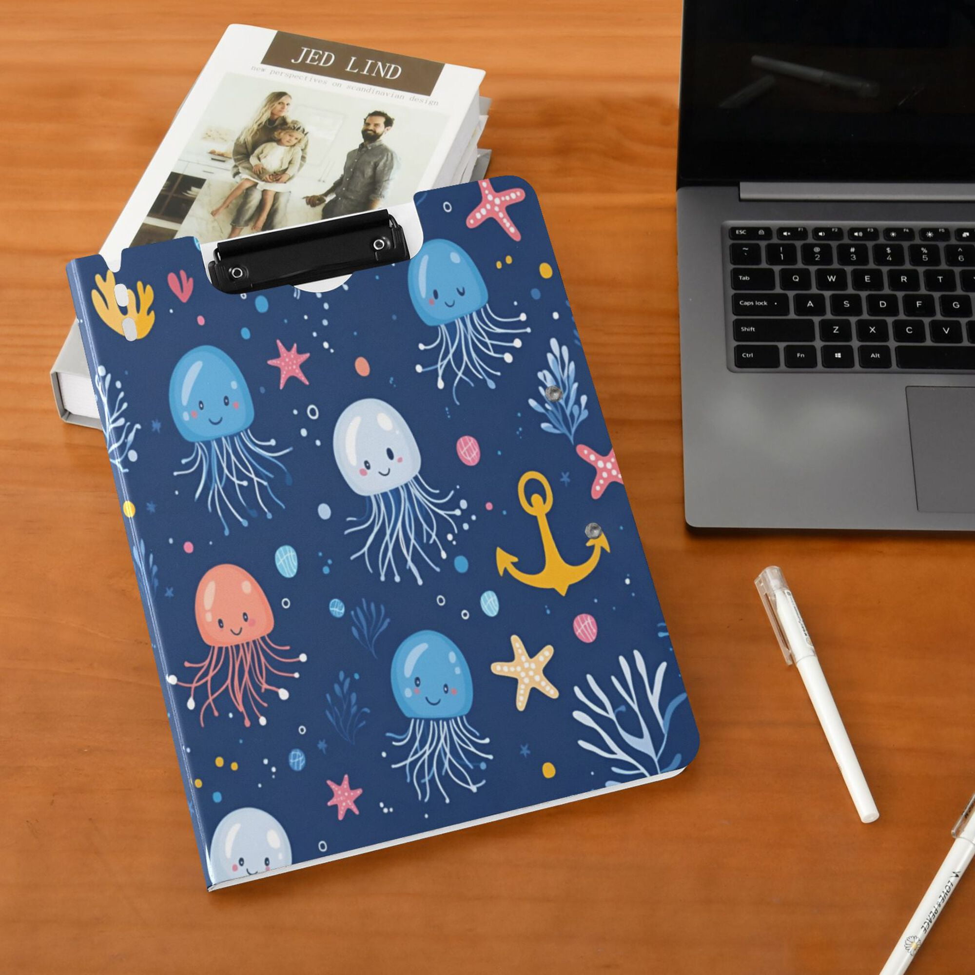 FORMRS A4 Clipboard Folder with Pen Holder Horizontal Foldable School Office Binder, Blue Jellyfish