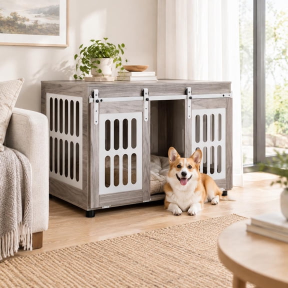 Gray Dog Crate Furniture with Sliding Barn Door, Wooden Dog Kennel Table, Indoor Pet Crate