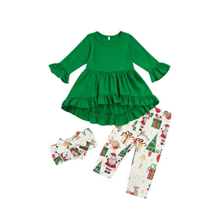 

Canis 3PCS Toddler Infant Baby Girls Christmas Clothes Ruffles Long Sleeve Tops Pants with Headband