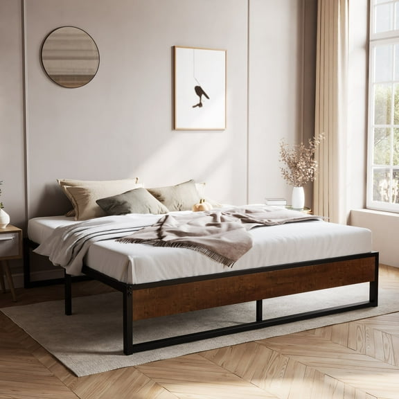 Sha Cerlin King Size Metal Platform Bed Frame with Wooden Board & Underbed Storage, Mattress Foundation