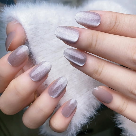 Cat Eyes Press on Nails Oval Short Fake Nails Glitter False Nails Full Cover Stick on Nails Acrylic Reusable Glossy Artificial Nails Glue on Nails for Women Girls Nail Decorations 24Pcs multicolor Ca