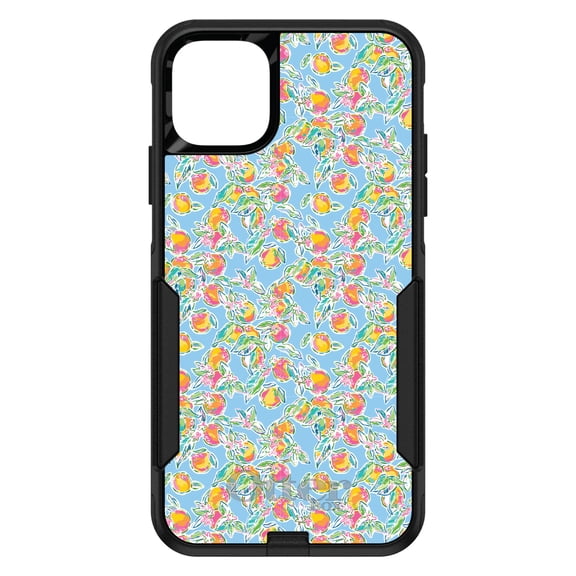 DistinctInk OtterBox Commuter Custom Case for Apple iPhone 15 (6.1" Screen) - Orange & Blue Flowers Floral - Raised Bezel Screen Guard