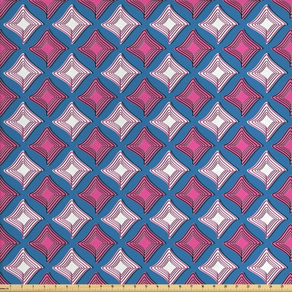 Abstract Sofa Upholstery Fabric by the Yard, Pastel Geometric Diamond Forms Retro Effects Stripes Illustration, Decorative Fabric for DIY and Home Accents, Hot Pink Violet Blue by Ambesonne