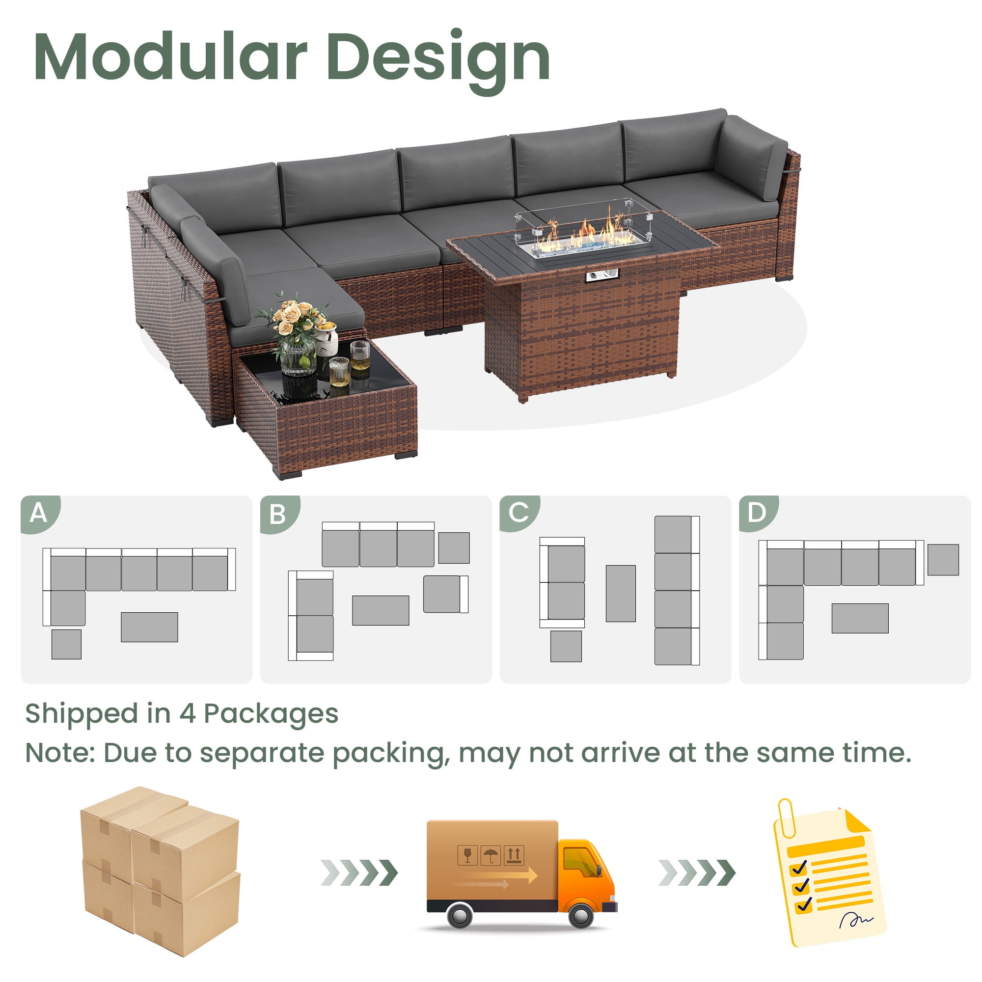Poteban 8 Pieces Outdoor Patio Furniture Set with 44" Fire Pit Table, Brown Wicker Rattan Sectional Sofa with Cushions and Glass Coffee Table for Backyard Garden, Dark Gray