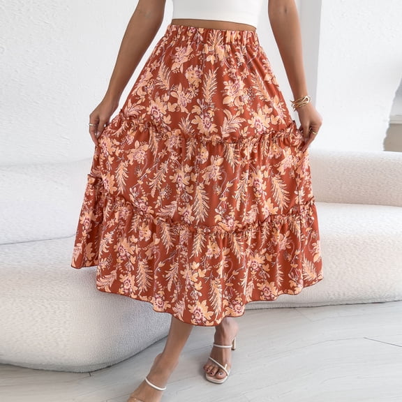 Womens Floral Print Skirt Long Maxi Elasticated Waist Pleated A Line Skirts Boho Ladies Orange S