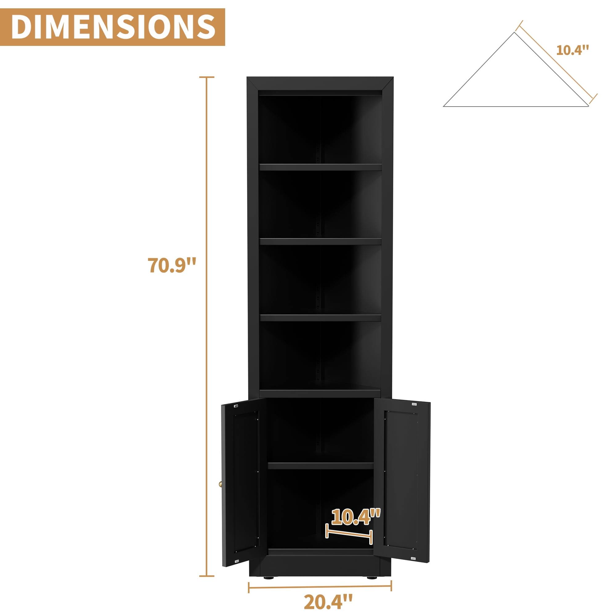 Leumius 71" Tall Corner Storage Cabinet with 2 Doors,Freestanding 5-Tier Metal Cabinet with Adjustable Shelves for Kitchen Living Room Bathroom,Black