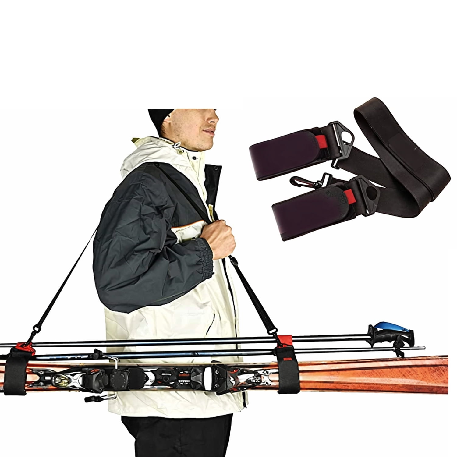 Ski Carrier Strap 2-Pack with Padded Hook-and-Loop – Adjustable Ski & Pole Carry Strap with Shoulder Sling – Includes Bonus Ski Boot Carrier – Compact Snow Gear Accessory