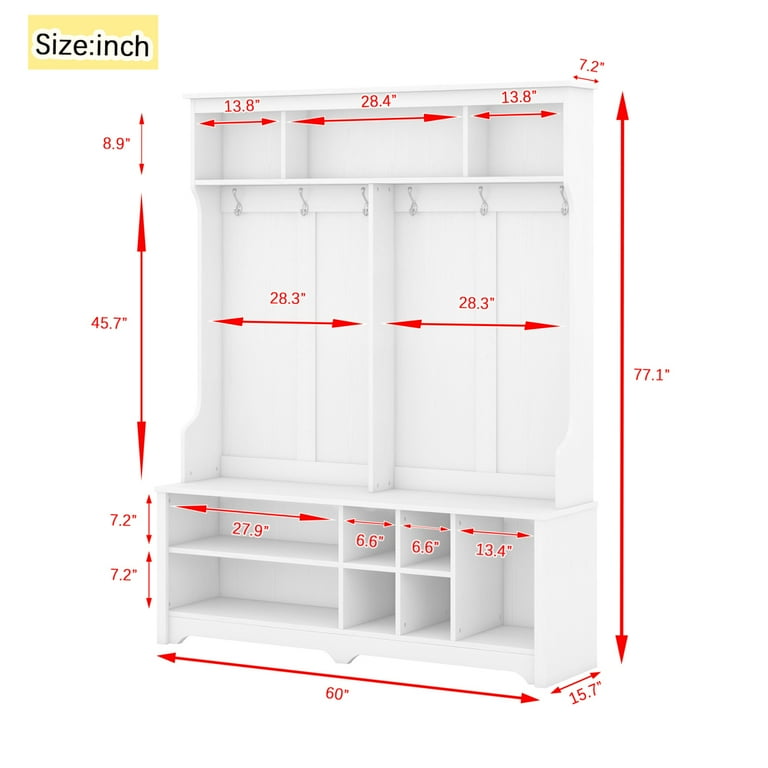 60 Wide Hallway Hall Trees with Storage and 6 Coat Rack Modern Entryway Bench with Shoe Cubbies Mudroom Bench Solid Wood Hall Tree for Entryway