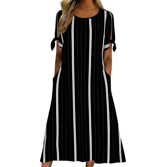 Women's Striped Maxi Dress, Tie Cuff Short Sleeve Casual Midi Dresses, Loose Fit A-Line Summer Vertical Stripe T Shirt Sundress with Pockets for Home and Office