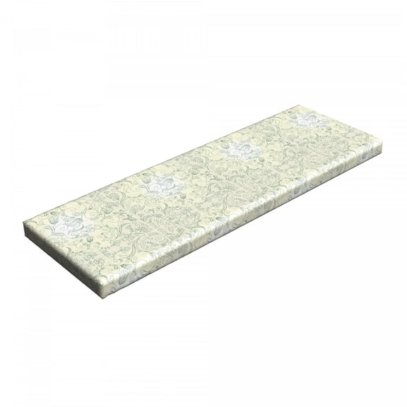 Nature Bench Pad, Delicate Blosssoms of Spring in Doodle Art Style with Little Birds, HR Foam Cushion with Decorative Fabric Cover, 45" x 15" x 2", Pale Green Fern Green, by Ambesonne