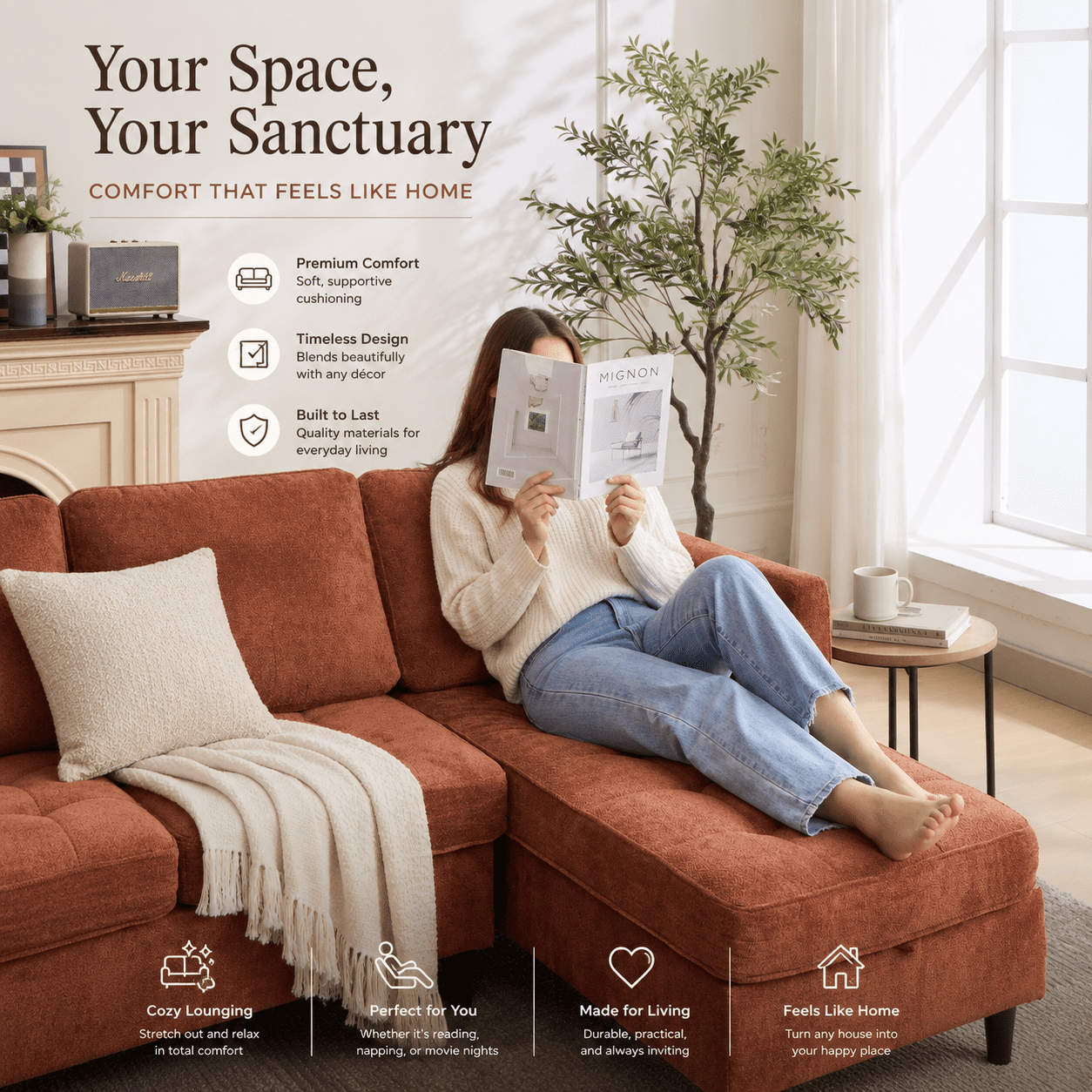 77.6" 4-in-1 L-Shaped Sectional Sleeper Sofa, Chenille Modular Couch with Storage Chaise, Usb/Type-C Ports & Side Pocket, Tangerine