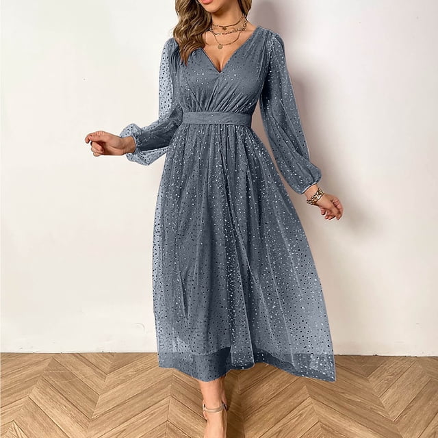 EGNMCR Robes de Soirée pour Femmes, Robes Formelles pour Femmes, Robes de Cocktail pour Femmes à Manches Longues Robe à Col en V Mode pour Femmes à Manches Longues Col en V Robe de Cocktail de Fête en Maille Unie avec Effet Bronzé Robe pour Femmes