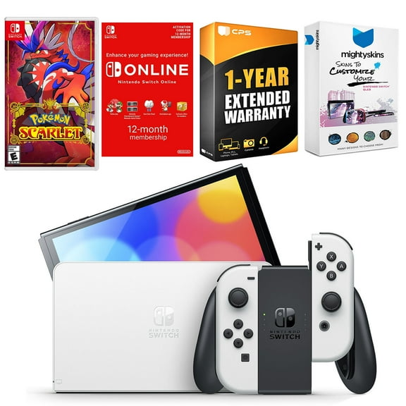 Nintendo Switch White OLED Console with Pokemon Scarlet, NSO 12 Month Family Membership, MightySkins Console and Controller Skin Voucher, and 1 Year CPS Extended Warranty