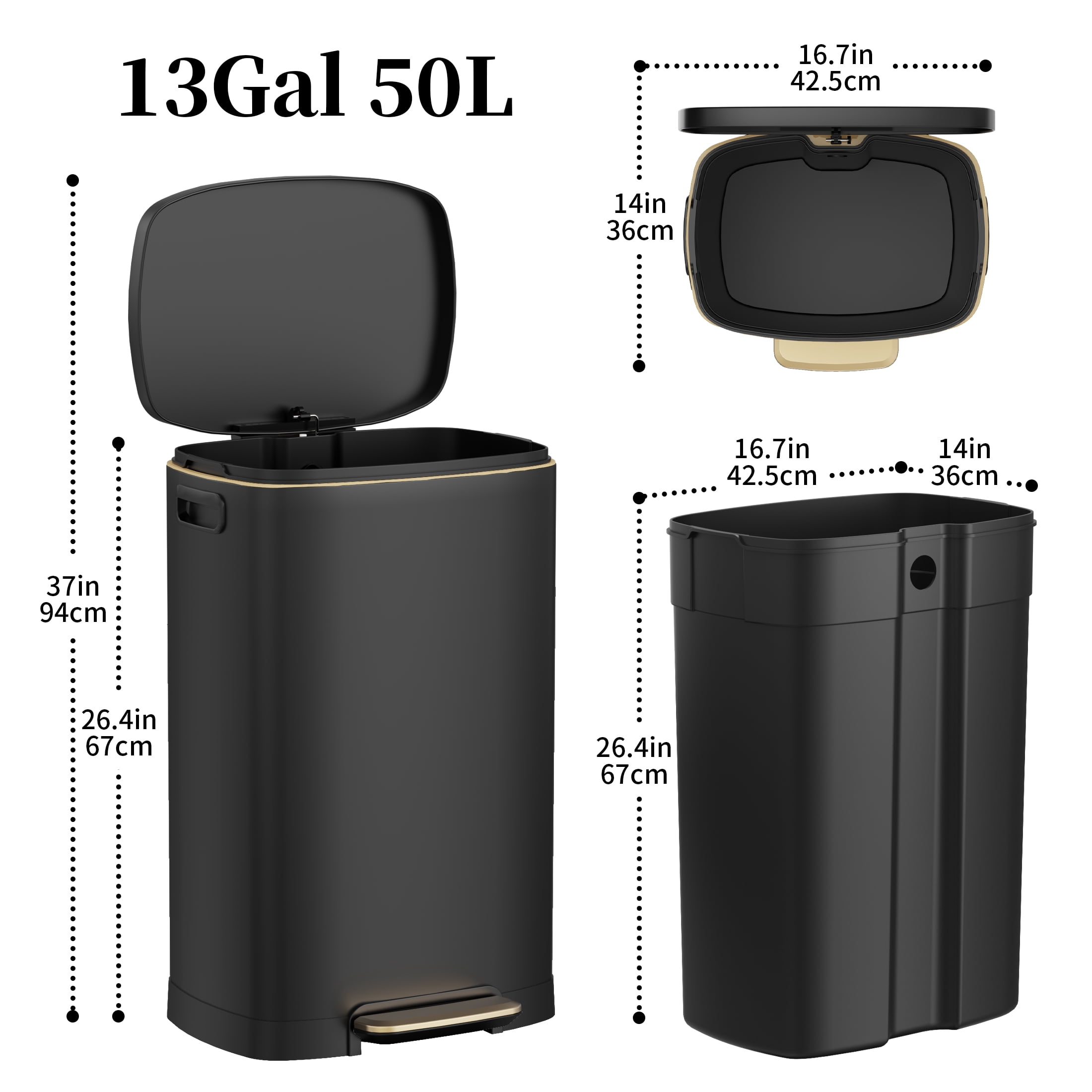 KSSKSS 13 Gallon Trash Can with Lid,Fingerprint-Proof Stainless Steel Kitchen Trash Can with Soft-Close Lid and Removable Inner Bucket,Black