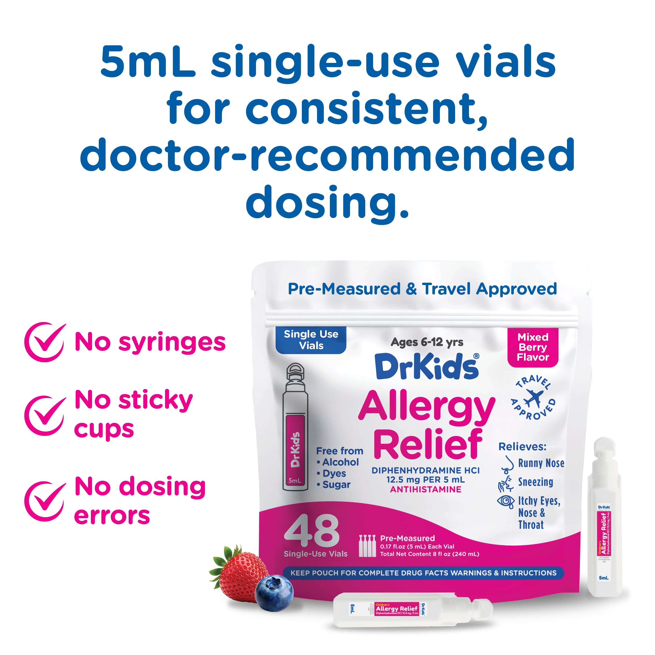 DrKids Children's Allergy Relief Medicine with Diphenhydramine - Pre-Measured Single-Use Vials - Antihistamine for Sneezing, Runny Nose & Itchy Eyes, Mixed Berry Flavor, 48 Vials