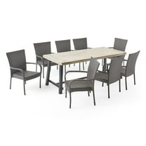 Ahmed Outdoor 8 Seater Wood and Wicker Dining Set, Light Gray