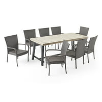 9-Piece Noble House Ahmed Outdoor Wood and Wicker Dining Set