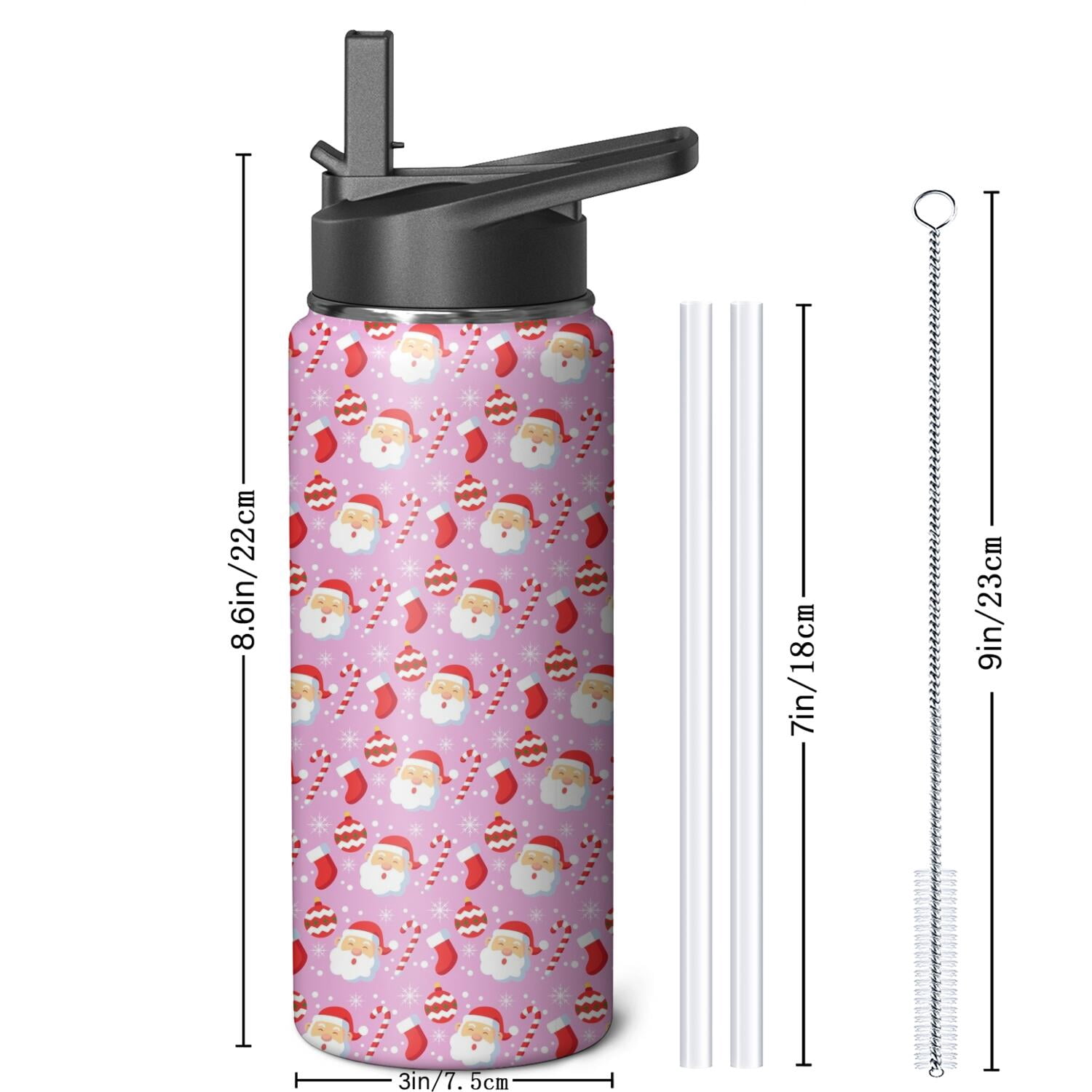 Christmas 18 oz Insulated Stainless Steel Water Bottle with Straw & Cleaning Brush , Leakproof, BPA-Free, 304 Stainless Steel, Wide Mouth, Travel Mug for Car, Gym, Office