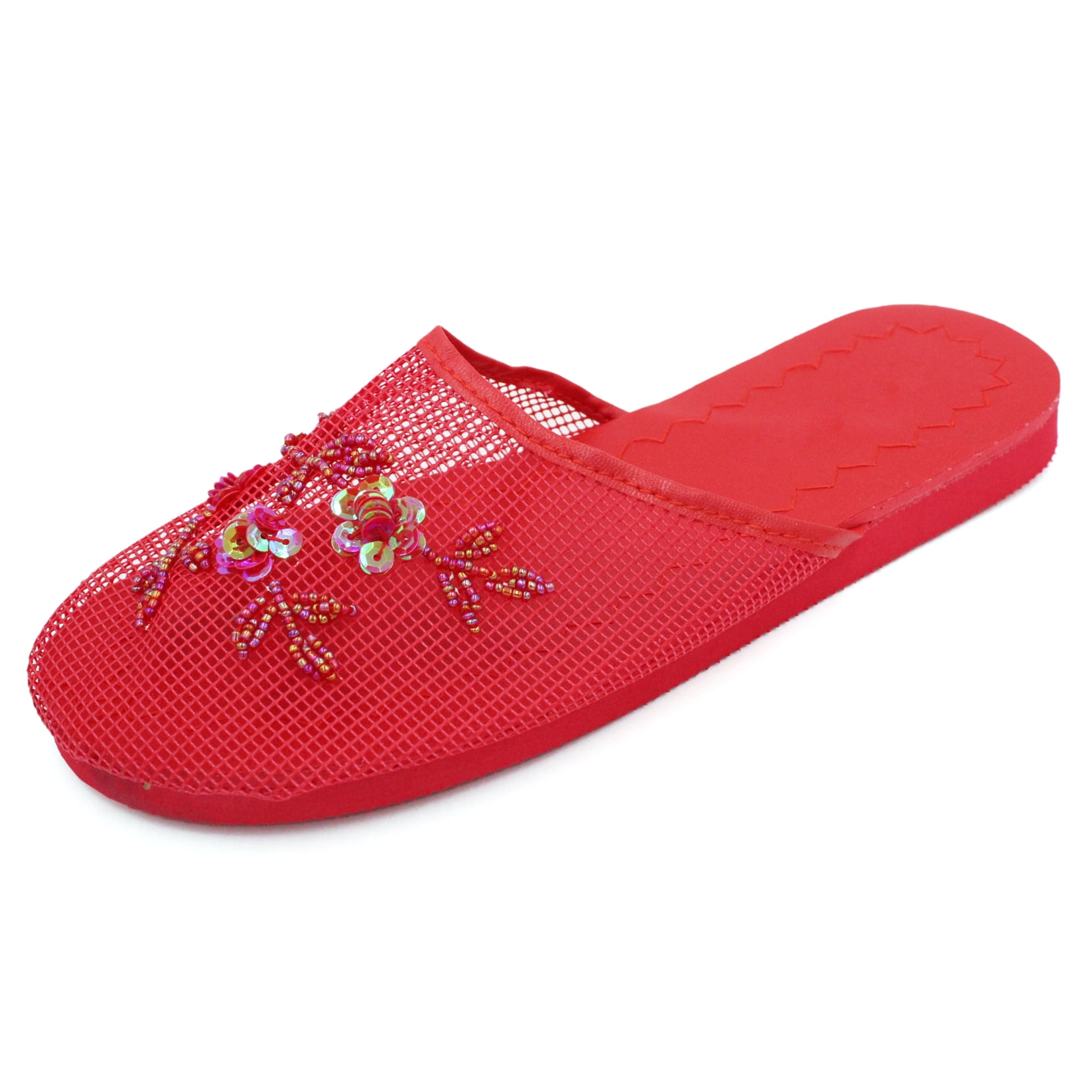 Women Flat Indoor Slippers Sequin Floral Mesh Antiskid Home Shoes Slip On Sandal 