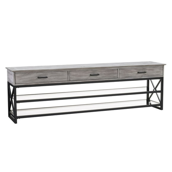 CorLiving Houston Engineered Wood and Veneer TV Bench with Glass Shelves and Metal Frame for Most TVs up to 95"