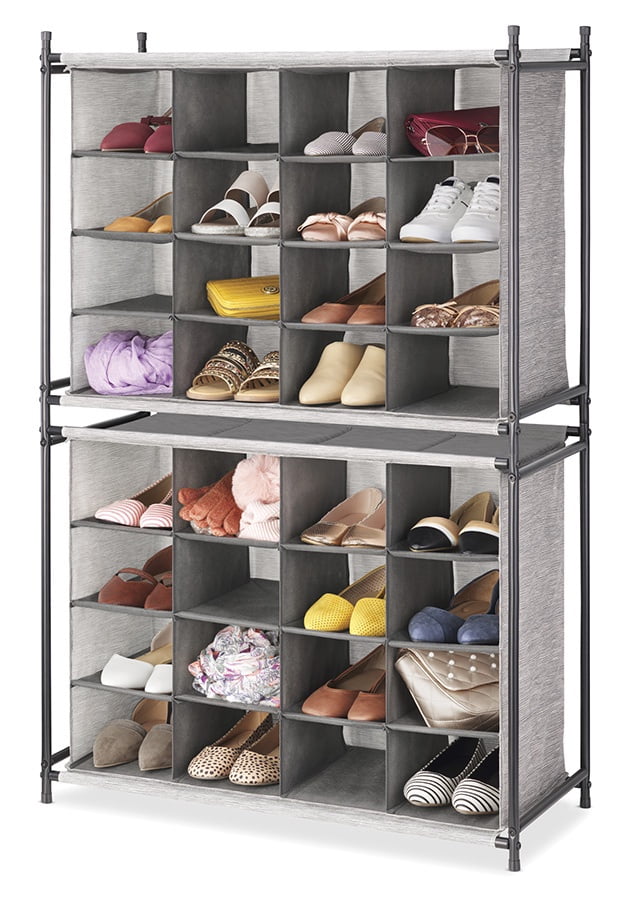 Whitmor 4-Tier Fabric Shoe Rack, Space-Saving Storage Cubbies, 16-Cubbies, Gray & Black